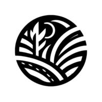 Abstract Geometric Landscape Within a Circle A minimalist featuring stylized trees, rolling hills, and a crescent moon in a monochrome, highcontrast composition. vector