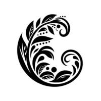 Elegant Black and White Floral Swirl Featuring Leafy Vines, Dots, and Curving Elements in a Symmetrical Composition vector