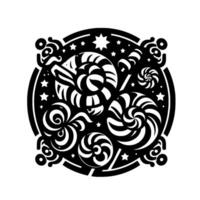 Ornate black and white circular featuring stylized lollipops, stars, and decorative swirls, evoking a playful and whimsical vibe. vector
