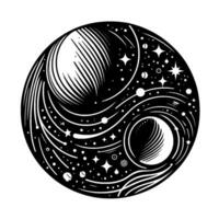 Elegant Black and White Celestial Yin Yang Planets, Stars, and Cosmic Elements in a Circular Composition. vector
