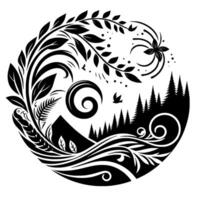 A symmetrical YinYang inspired artwork blending natures elements mountains, forests, leaves, and flowing water, all in a harmonious black and white . vector