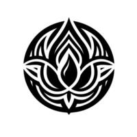 A symmetrical black and white lotus flower , enclosed in a circle, symbolizing purity and enlightenment. The stylized petals form a layered, organic composition against a clean white background. vector