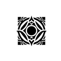 Symmetrical black and white floral pattern with a central circle, set in a square on white backdrop, evokes art deco simplicity. vector