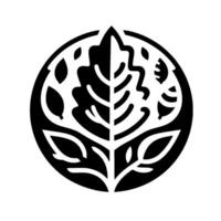 A symmetric, organic comprised of leaves, foliage, and botanical elements, rendered in a stark black and white style, enclosed within a circle. vector