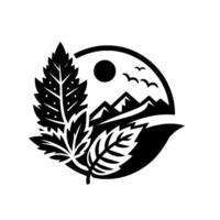 Black and white emblem featuring stylized leaves framing a circular scene of mountains, sun, and birds, evoking nature and tranquility. vector