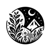 A monochrome circular emblem depicting a mountain landscape under a starry night sky, with foliage and a crescent moon, symbolizing natures tranquility. vector