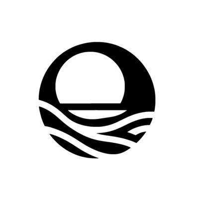 A stylized, minimalist featuring a circular frame with a large white circle on top and wavy lines representing water at the bottom.