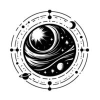 Celestial Mandala A symmetrical black and white illustration featuring a cosmic scene with sun, moon, stars, planets, and orbital lines within a circular . vector