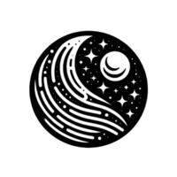A monochrome, stylized celestial illustration featuring the moon, stars, and a wavelike pattern, set against a dark background. vector