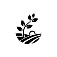 A stylized, black and white depicting a sprouting plant emerging from a cultivated field with a stylized setting sun or moon in the background. vector