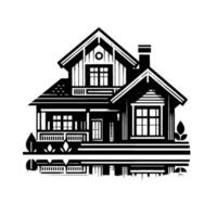 Intricate Black and White Architectural Illustration of a House with Reflective Base and Leaf Elements vector