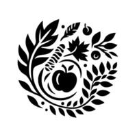 A symmetrical, blackandwhite, circular illustration of a stylized apple, leaves, berries, and a worm, embodying natures bounty. vector