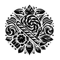 A symmetrical black and white mandala featuring a central swirl, striped element, floral patterns, and stylized leaves on a white background. vector