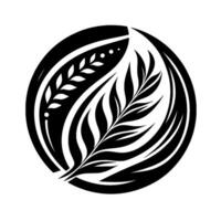 Monochromatic botanical illustration of a stylized, circular featuring intertwined leaf and branch motifs, conveying harmony and balance. vector