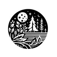 Silhouette nightscape within a circle, featuring a moon, stars, trees, and foliage above a stylized lake in a black and white, minimalist . vector