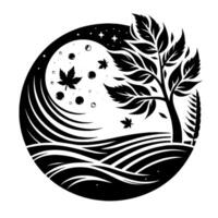 A minimalist black and white circular illustration of an autumn scene featuring a tree, falling leaves, a starry sky, rolling hills, and waves, evoking a tranquil and natural mood. vector