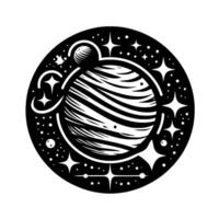 Monochrome Celestial Circular Composition featuring a Striped Planet, Stars, and a Smaller Celestial Body, all against a stark white background, evoking a sense of mystery and wonder. vector