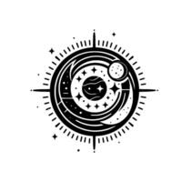 Black and White Celestial Emblem Intricate featuring a moon, planets, stars, and radial elements, creating a mystical aesthetic on white background. vector