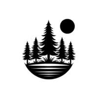 Black and White Minimalist Forest Landscape with Pine Trees, Grass, and a Full Moon Inside a White Circular Frame. vector