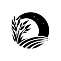 Elegant monochrome silhouette of a wheat field and foliage set against a starry night sky, enclosed in a circular frame. vector
