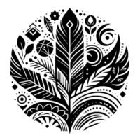 Geometric black and white circular featuring a central feather and stylized leaf elements, evoking nature, art, and indigenous inspiration. vector