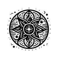 Intricate Black and White Mandala with Floral and Celestial Elements, Featuring Detailed Symmetry and Dot Accents, Isolated on White. vector