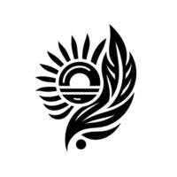 A stylized black and white minimalist sunfeather emblem, evoking balance and growth, against a stark white background, with a serene and peaceful aura. vector