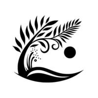A stylized black and white featuring a curving tree branch adorned with leaves, swirls, and a sunlike circle, set against a plain background. vector