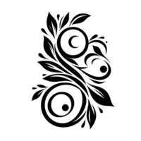 Abstract black and white decorative floral with swirling lines, leaves, and circular motifs on a minimalist white background. vector
