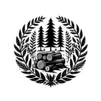Monochromatic Forest Emblem Circular Composition of Pine Trees, Logs, Foliage, and Berries, Evoking Rustic Simplicity and Natures Beauty. vector