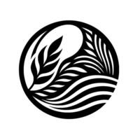 Symmetrical, geometric floral featuring leaves and flowing lines within a circular frame, showcasing a balance of black and white negative space. vector