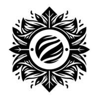An ornate symmetrical black and white with a central circular element containing striped pattern, surrounded by stylized leaves, and a decorative floral arrangement. vector