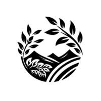 A minimalist black and white depicting a stylized landscape within a circle frame, featuring leaves, mountains, and agricultural fields, evoking nature. vector
