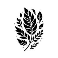 A minimalist black and white botanical illustration, featuring stylized leaves and sprigs artfully arranged in an oval composition against a clean white backdrop. vector