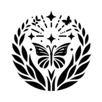 Intricate black and white circular featuring a central butterfly surrounded by foliage, stars, and a smaller butterfly, evoking nature and serenity. vector