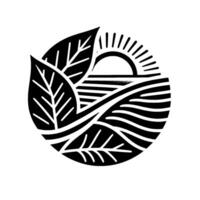 Stylized black and white circular illustration featuring leaves and a sun setting over layered fields, evoking nature and tranquility, suitable for ecofriendly branding. vector