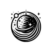 Abstract monochrome depicting a stylized planet encircled by an orbit, with a rocketlike shape and stars. vector