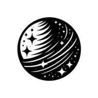 Stylized Celestial Orb A black and white illustration of a cosmic sphere, adorned with stars and streaks, evoking a sense of wonder and mystery against a clean white background. vector