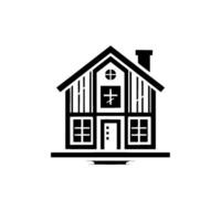 Sleek, minimalist black and white illustration of a modern house, with clean lines, a simple , and a reflective base against a bright white background. vector