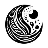 Abstract Crescent Mandala Black and White Featuring Fluid Lines, Celestial Orbs, and Decorative Elements on White Background. vector