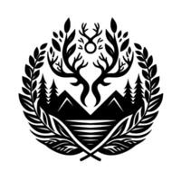 A symmetrical, minimalist, black and white natureinspired emblem featuring a stylized deer silhouette, mountains, fir trees, a lake, leaves, and a laurel wreath on a clean white background. vector