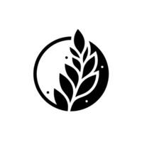 Minimalist black and white featuring a stylized wheat sprig enclosed within a partially visible circle, with small dots surrounding it. vector