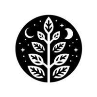 A Stylized Nighttime Scene Featuring a Tree with Leaves and Branches Silhouetted Within a Black Circle, Decorated with Moons, Stars, and Dots. vector