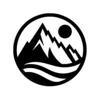 Monochromatic circular illustration depicting stylized mountains, sun, and water waves in a minimalist . vector