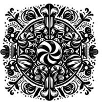 Intricate Black and White Ornamental Mandala Featuring Swirl Lollipops, Candied Canes, Floral Elements, and Decorative Patterns. vector