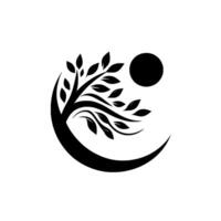 Black and White Minimalist Tree with Leaves Emerging from Crescent Moon with Dot Representing Sun. vector