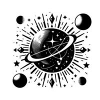 Stylized Black White Cosmic Illustration Featuring a Planet with Rings, Surrounding Celestial Bodies and Geometric Elements. vector