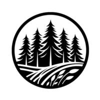 A minimalist circular emblem depicting a black and white silhouette of a forest scene, including pine trees, rolling hills, and wheat stalks. vector