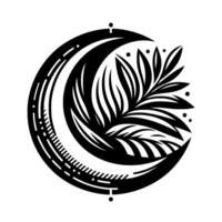 Monochromatic Crescent with Leafy Accents A stylized, minimalist featuring a crescent moon shape, incorporating organic leaf elements and geometric details. vector
