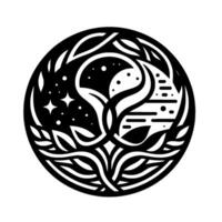 Abstract YinYang Style Composition Featuring Night Day Symbolism, Botanical Elements, Celestial Motifs, Within a Circular Frame. vector